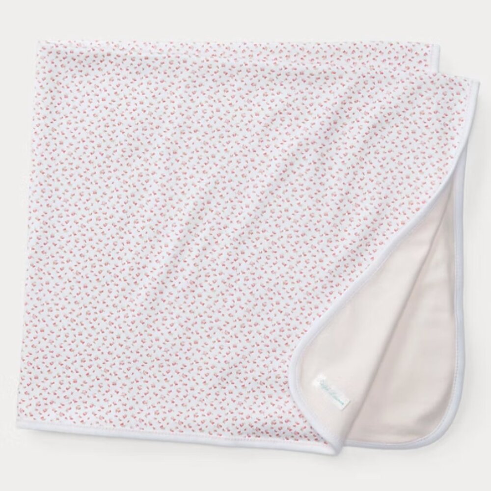 Ralph Lauren Pink and White Rosebud Floral Cotton Baby Blanket